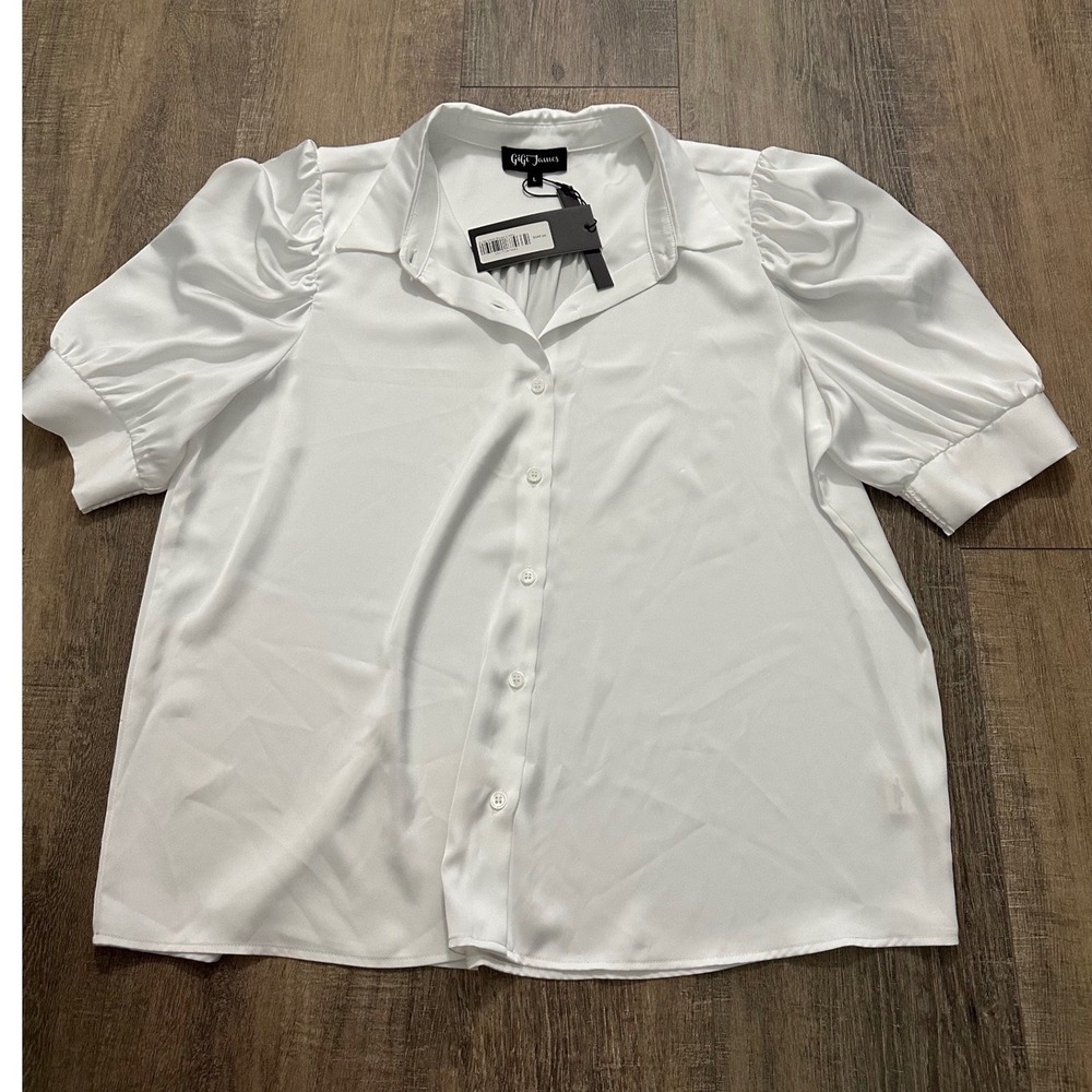 GiGi James Satin Puff Sleeve Button Down Subtle Sheen Blouse Large NWT $345 - Picture 6 of 6